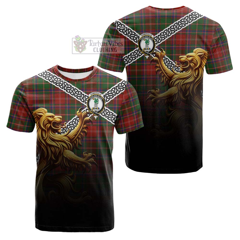 Tartan Vibes Clothing Somerville Crest Tartan Cotton T-shirt with Golden Lion Emblem Celtic Style