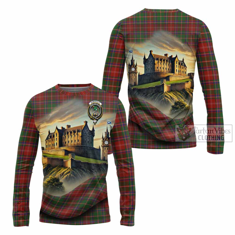 Tartan Vibes Clothing Somerville Tartan Family Crest Long Sleeve T-Shirt with Scottish Ancient Castle Style