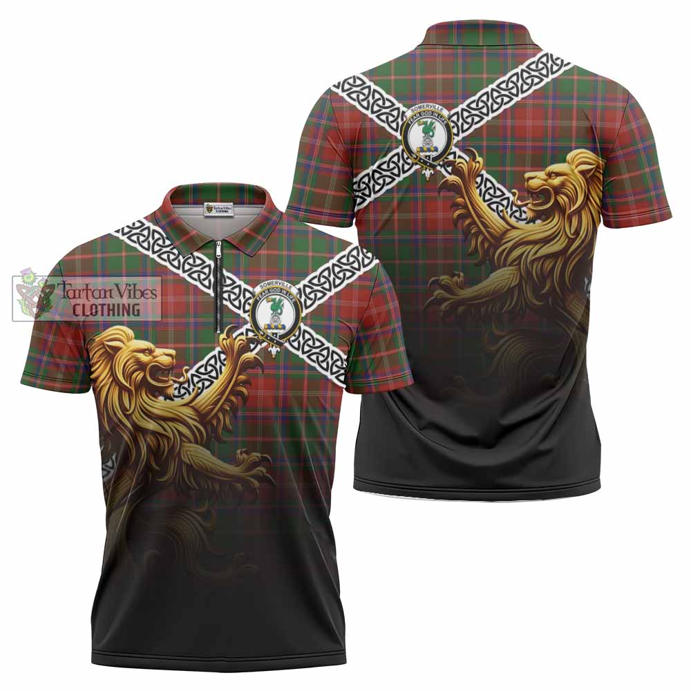 Tartan Vibes Clothing Somerville Crest Tartan Zipper Polo Shirt with Golden Lion Emblem Celtic Style