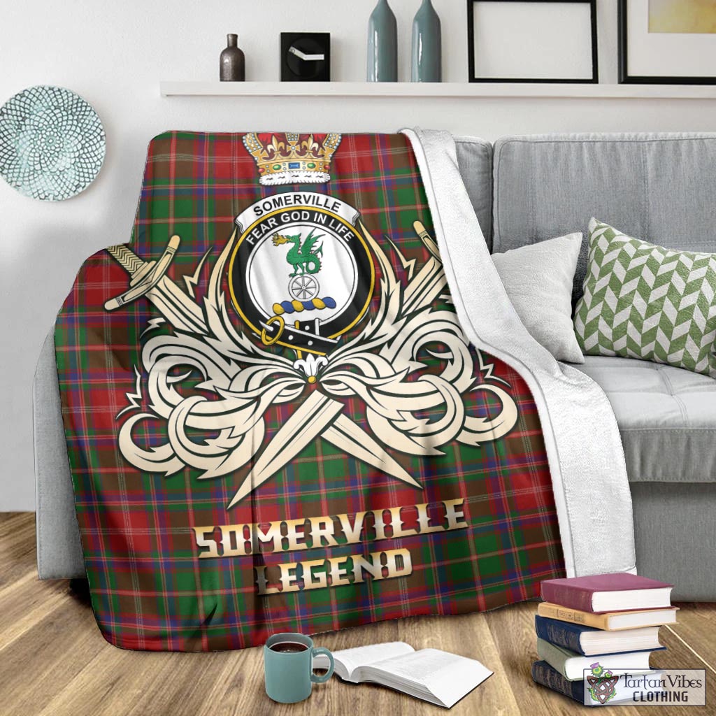 Tartan Vibes Clothing Somerville Tartan Blanket with Clan Crest and the Golden Sword of Courageous Legacy