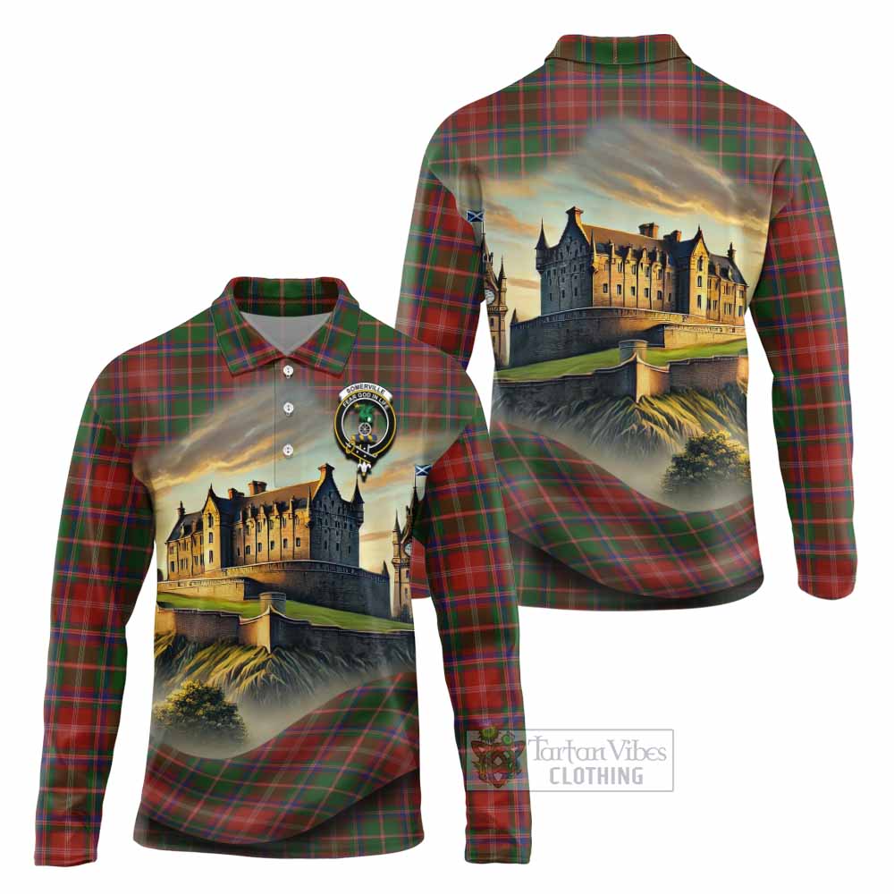 Tartan Vibes Clothing Somerville Tartan Family Crest Long Sleeve Polo Shirt with Scottish Ancient Castle Style