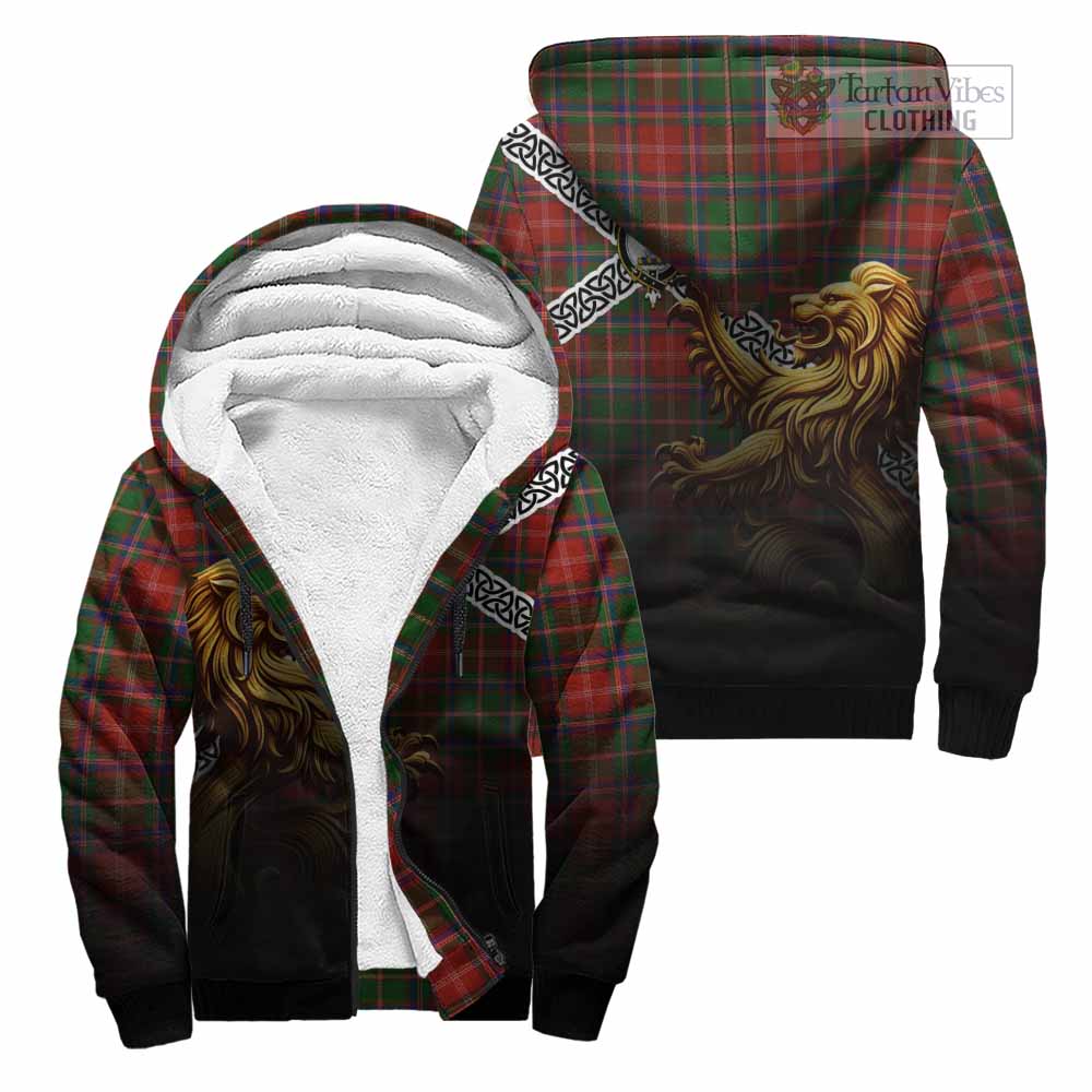 Tartan Vibes Clothing Somerville Crest Tartan Sherpa Hoodie with Golden Lion Emblem Celtic Style