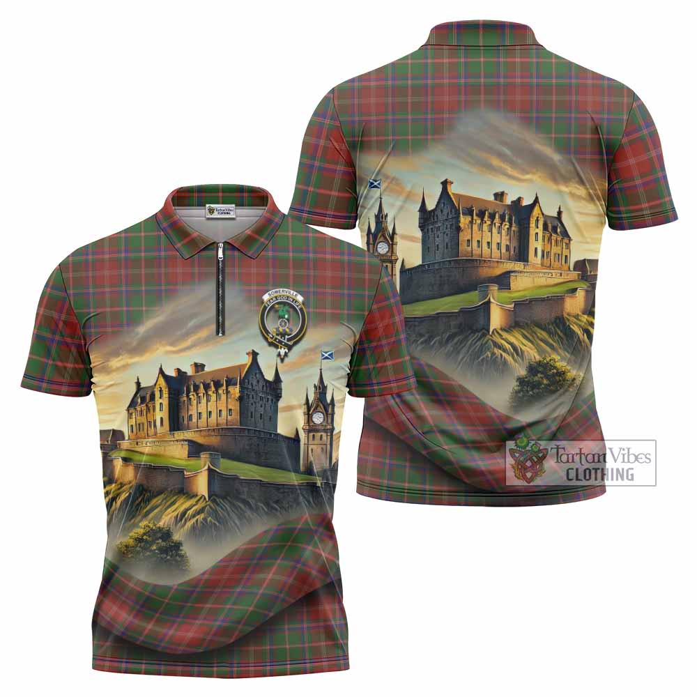 Tartan Vibes Clothing Somerville Tartan Family Crest Zipper Polo Shirt with Scottish Ancient Castle Stype