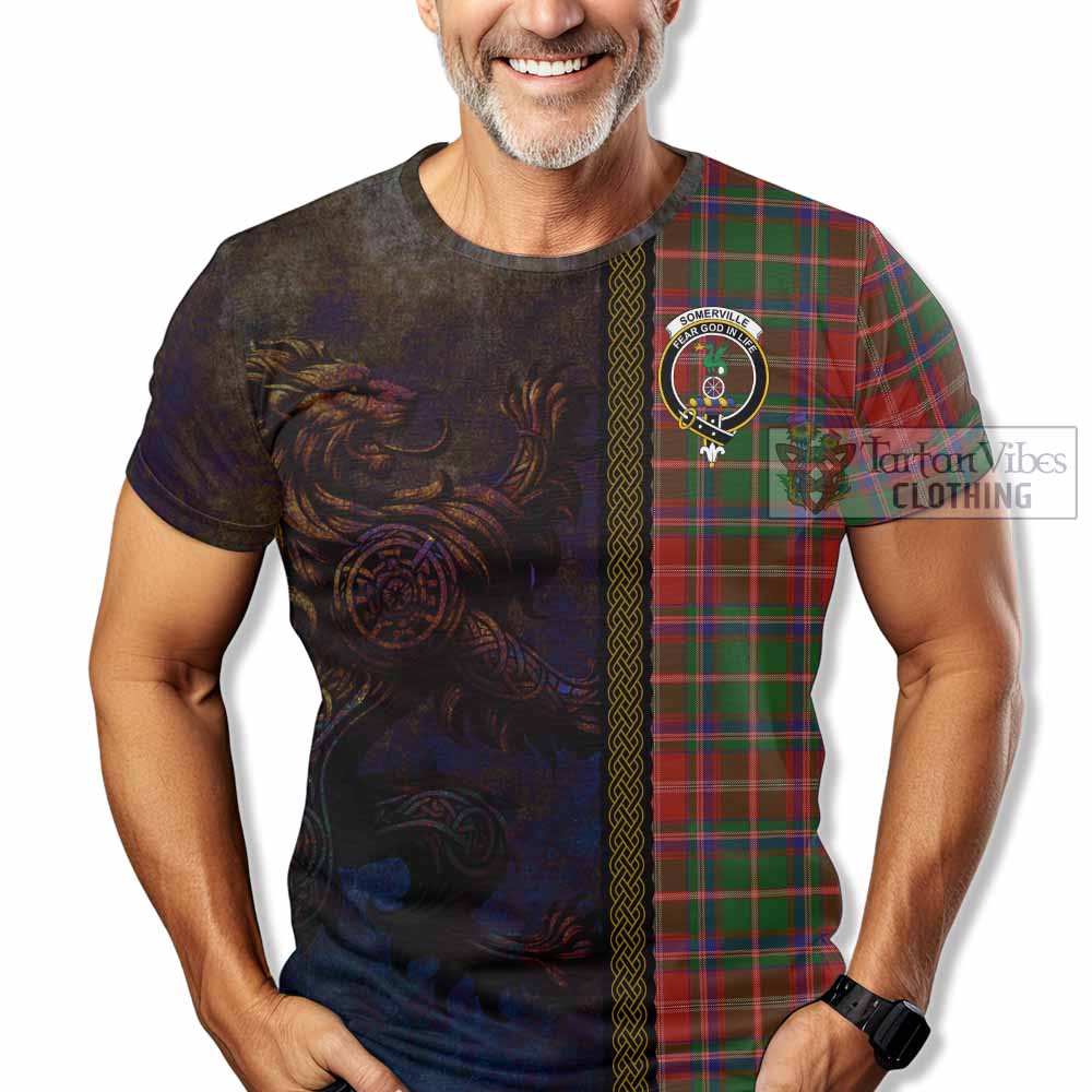 Tartan Vibes Clothing Somerville Tartan Family Crest T-Shirt Alba Gu Brath Be Brave Lion Ancient Style
