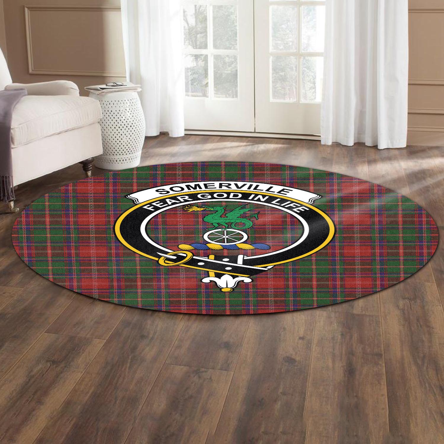 somerville-tartan-round-rug-with-family-crest