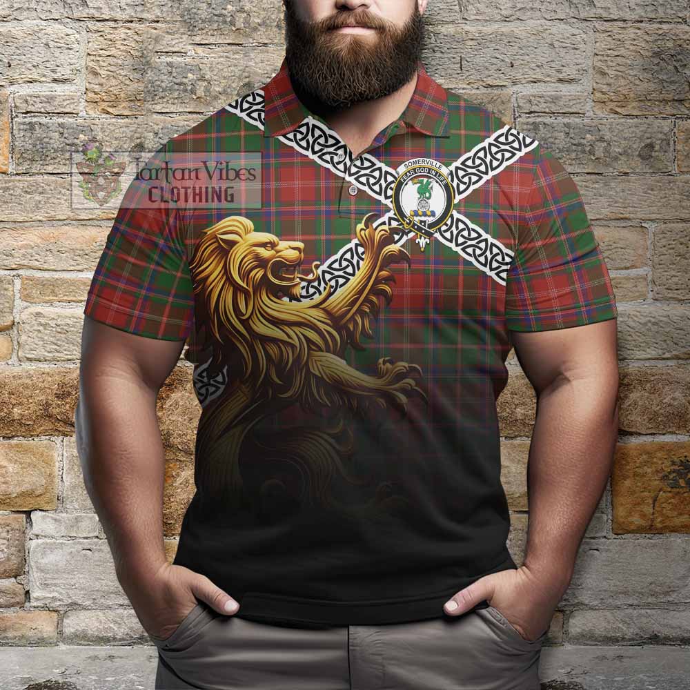 Tartan Vibes Clothing Somerville Crest Tartan Polo Shirt with Golden Lion Emblem Celtic Style