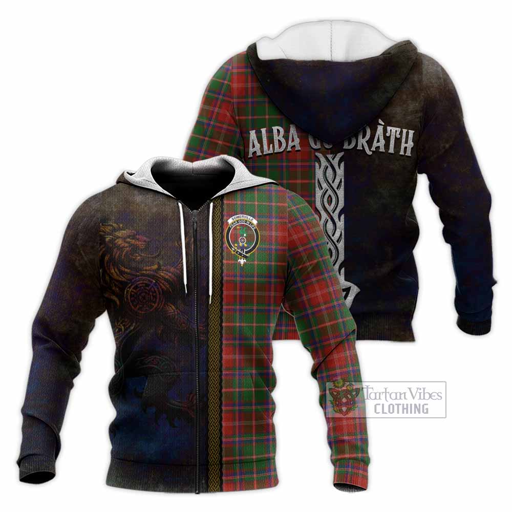 Tartan Vibes Clothing Somerville Tartan Family Crest Knitted Hoodie Alba Gu Brath Be Brave Lion Ancient Style