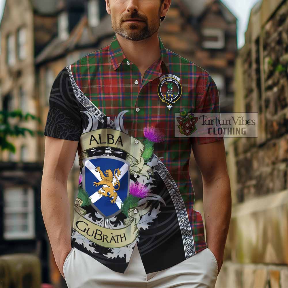 Tartan Vibes Clothing Somerville Tartan Family Crest Short Sleeve Button Shirt Lion Rampant Royal Thistle Shield Celtic Inspired