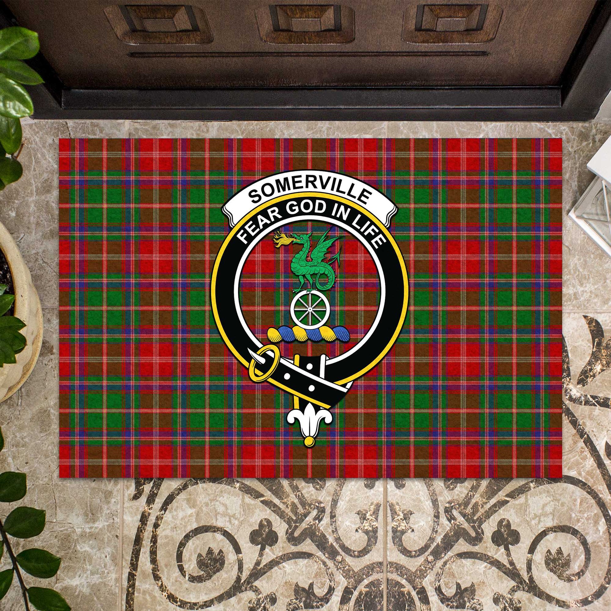Somerville Tartan Door Mat with Family Crest - Tartanvibesclothing Shop