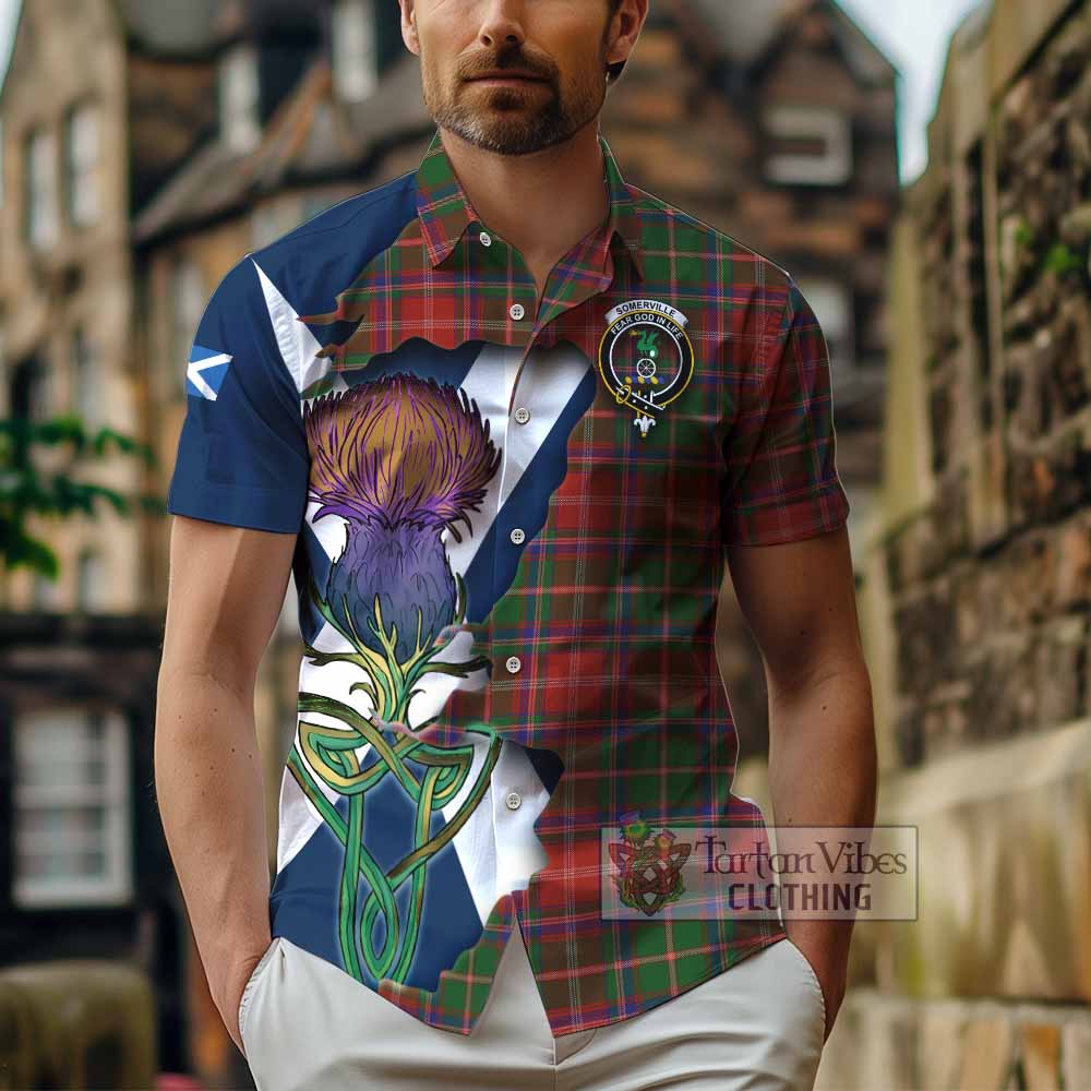 Tartan Vibes Clothing Somerville Tartan Family Crest Short Sleeve Button Shirt Scottish Thistle Celtic Inspired