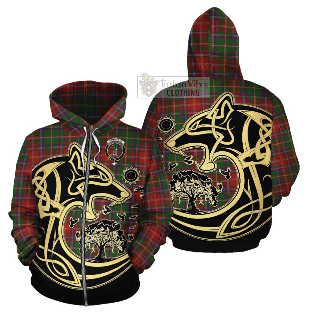 Tartan Vibes Clothing Somerville Tartan Cotton Hoodie with Family Crest Celtic Wolf Style