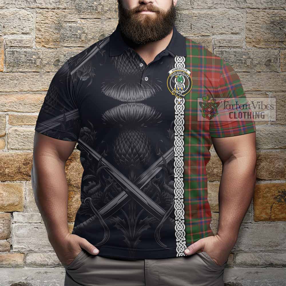 Tartan Vibes Clothing Somerville Tartan Polo Shirt with Family Crest Cross Sword Thistle Celtic Vibes