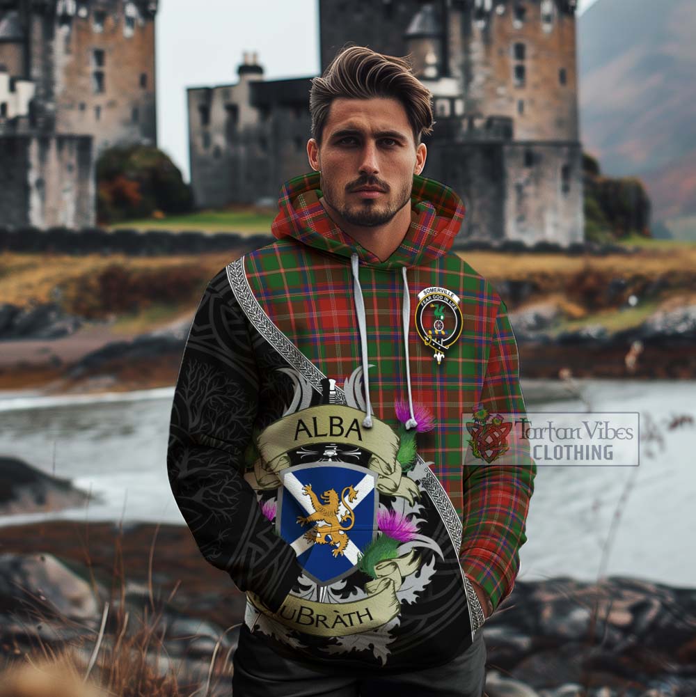 Tartan Vibes Clothing Somerville Tartan Family Crest Cotton Hoodie Lion Rampant Royal Thistle Shield Celtic Inspired