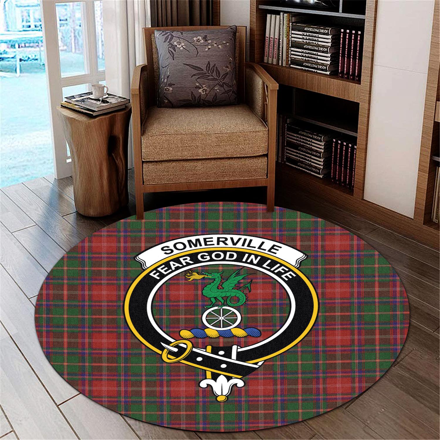 somerville-tartan-round-rug-with-family-crest