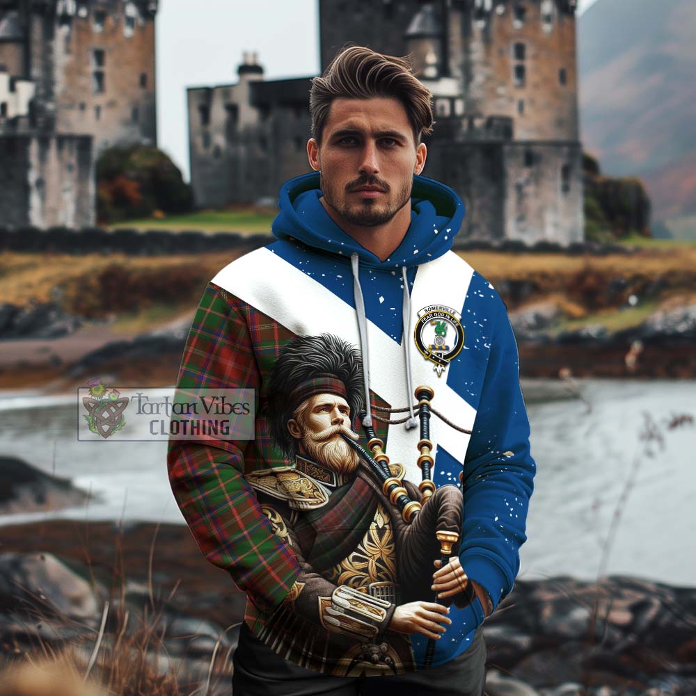 Tartan Vibes Clothing Somerville Tartan Cotton Hoodie with Family Crest Scottish Bagpiper Vibes