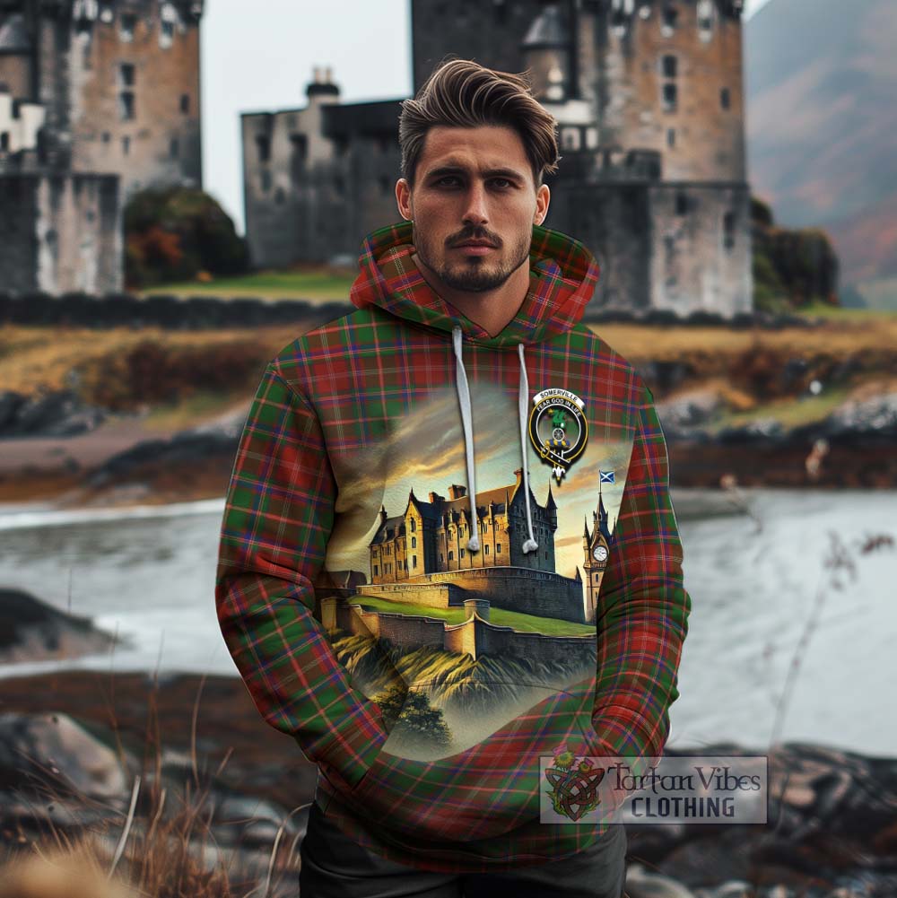 Tartan Vibes Clothing Somerville Tartan Family Crest Cotton Hoodie with Scottish Ancient Castle Style