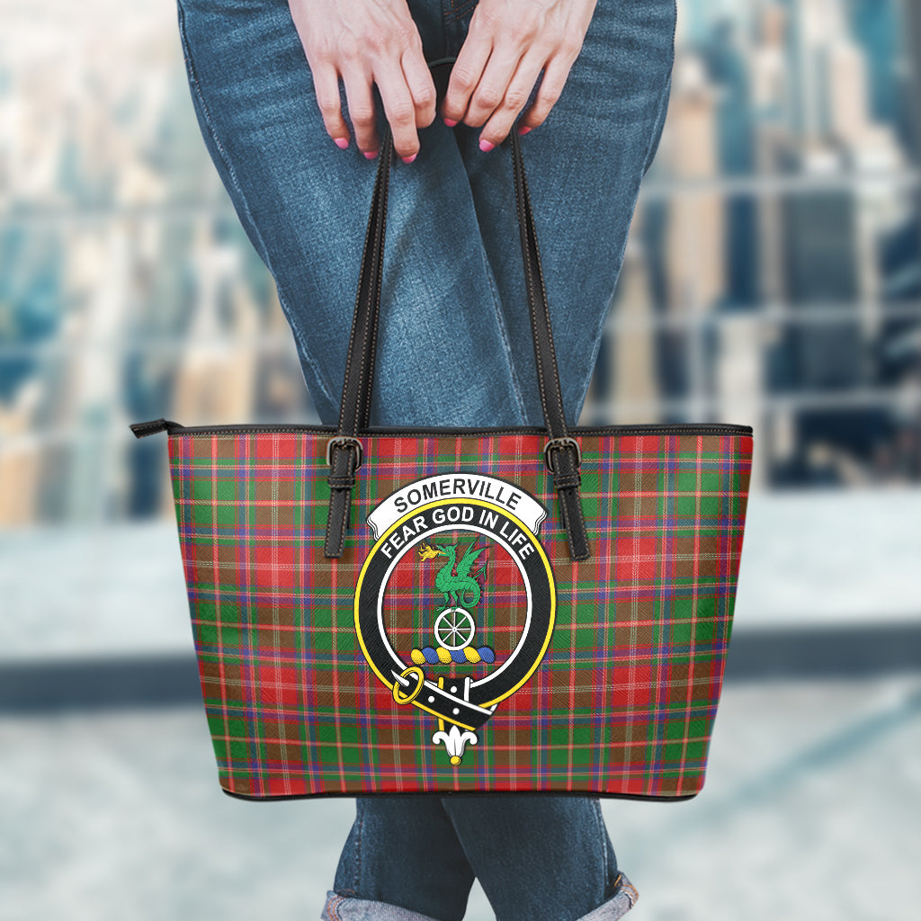 Somerville Tartan Leather Tote Bag with Family Crest - Tartan Vibes Clothing