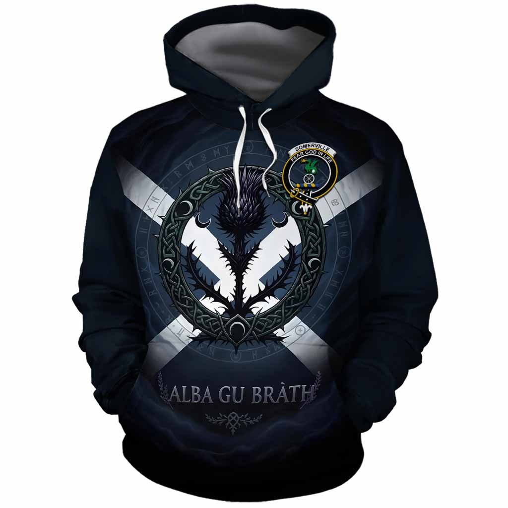 Somerville Clan Crest Cotton Hoodie with Celtic Knot Thistle and Saltire