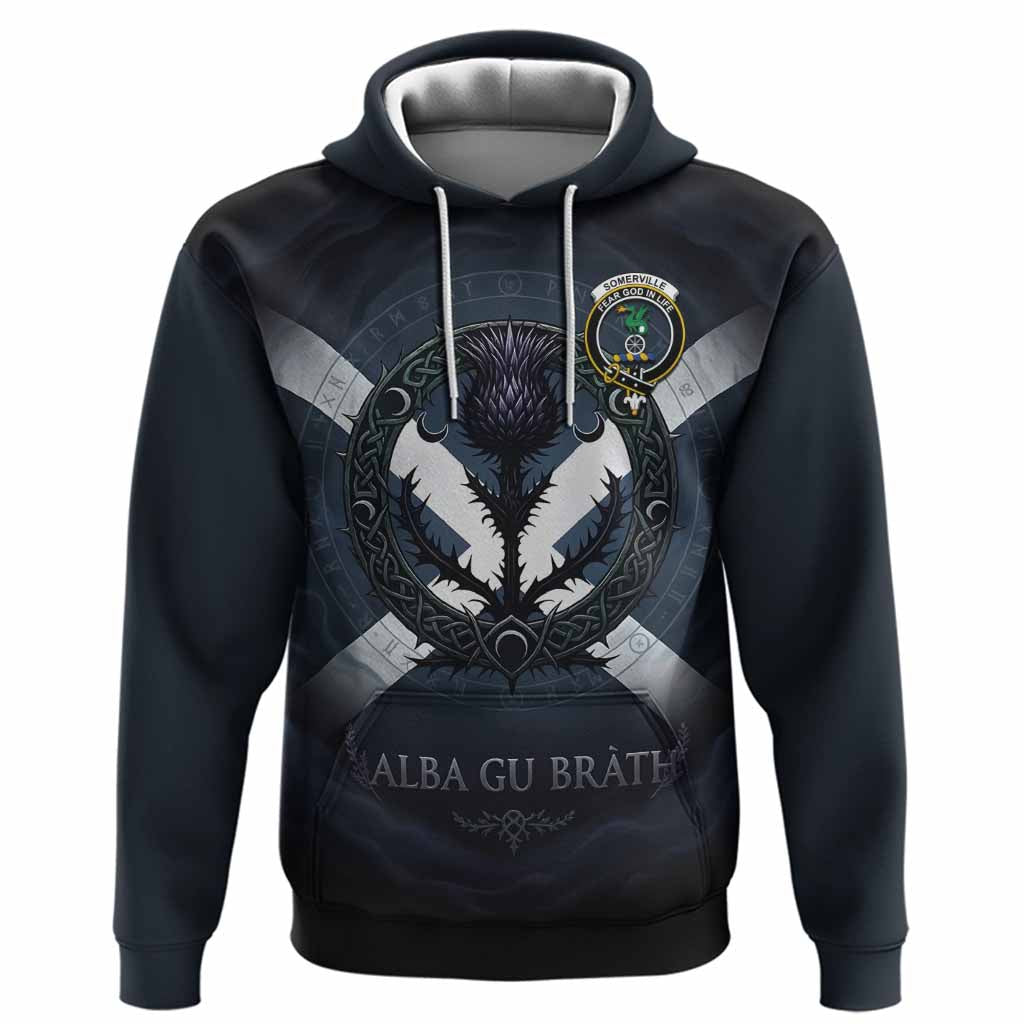 Somerville Clan Crest Hoodie with Celtic Knot Thistle and Saltire