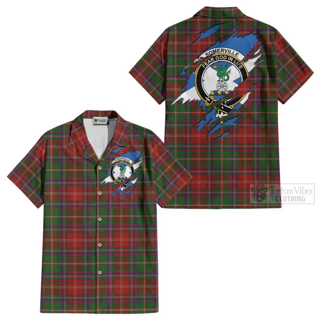 Somerville Clan Crest In Me Tartan Cotton Hawaiian Shirt Scotland Flag Style