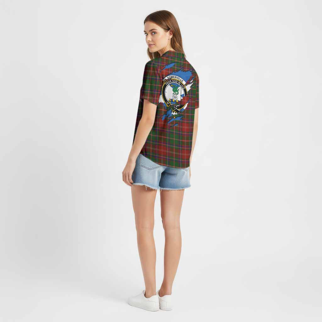Somerville Clan Crest In Me Tartan Cotton Hawaiian Shirt Scotland Flag Style