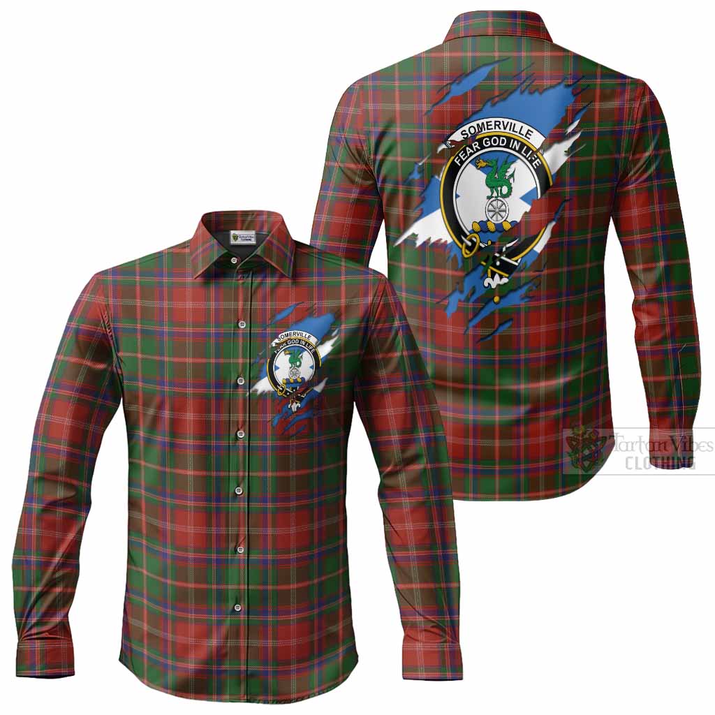 Somerville Clan Crest In Me Tartan Long Sleeve Button Shirts Scotland Flag Style