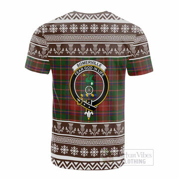 Somerville Clan Tartan Christmas Cotton T-shirt with Family Crest