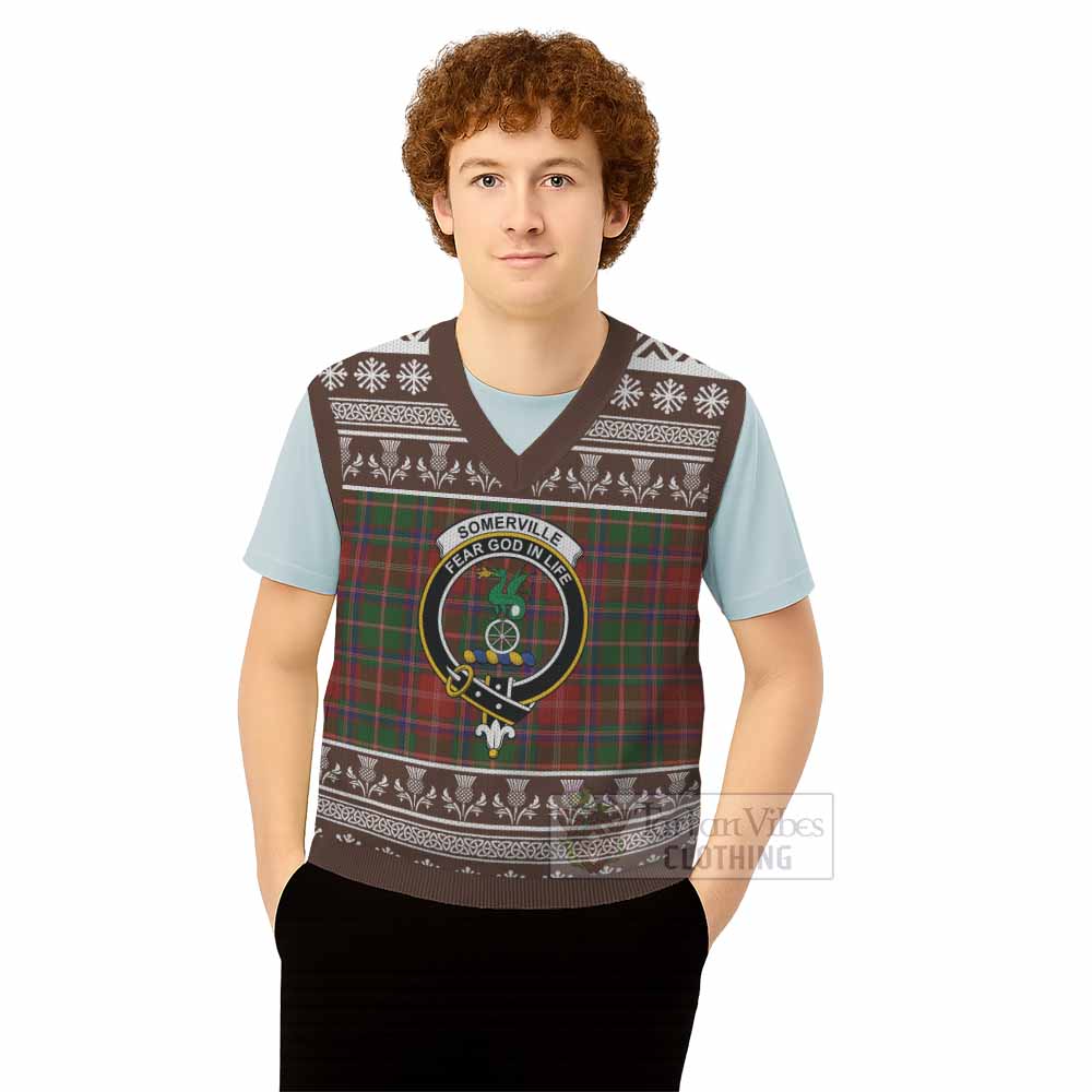 Somerville Clan Tartan Christmas Knitted V-Neck Vest with Family Crest - Tartan Vibes Clothing