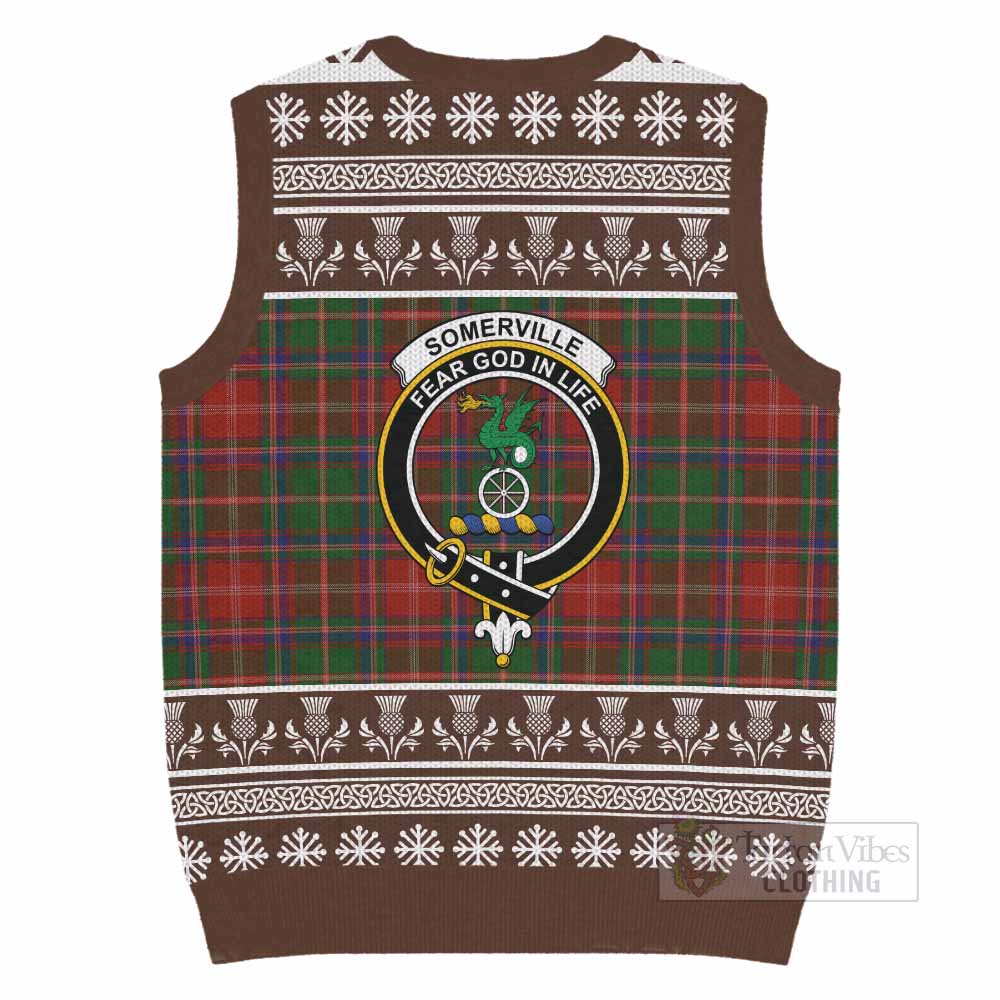 Somerville Clan Tartan Christmas Knitted V-Neck Vest with Family Crest - Tartan Vibes Clothing