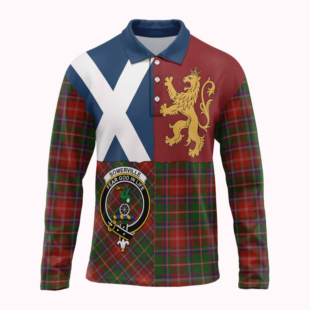 Somerville Crest Tartan Long Sleeve Polo Shirt with Lion Rampant Saltire Style
