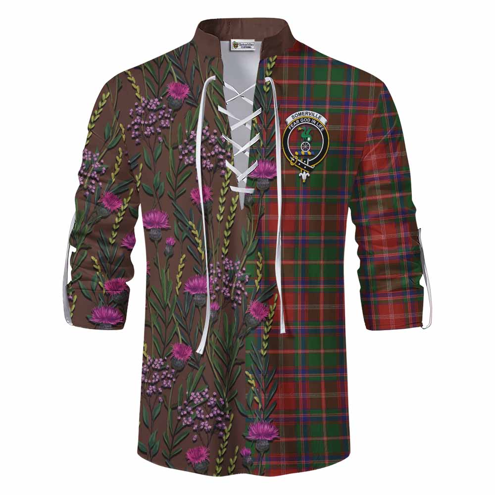 Somerville Family Crest Tartan Ghillie Shirt Scottish Thistle Flower Pattern Half Style - Tartan Vibes Clothing