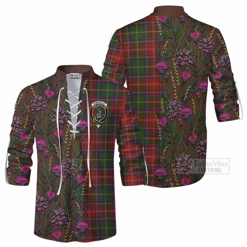 Somerville Family Crest Tartan Ghillie Shirt Scottish Thistle Flower Pattern Half Style - Tartan Vibes Clothing