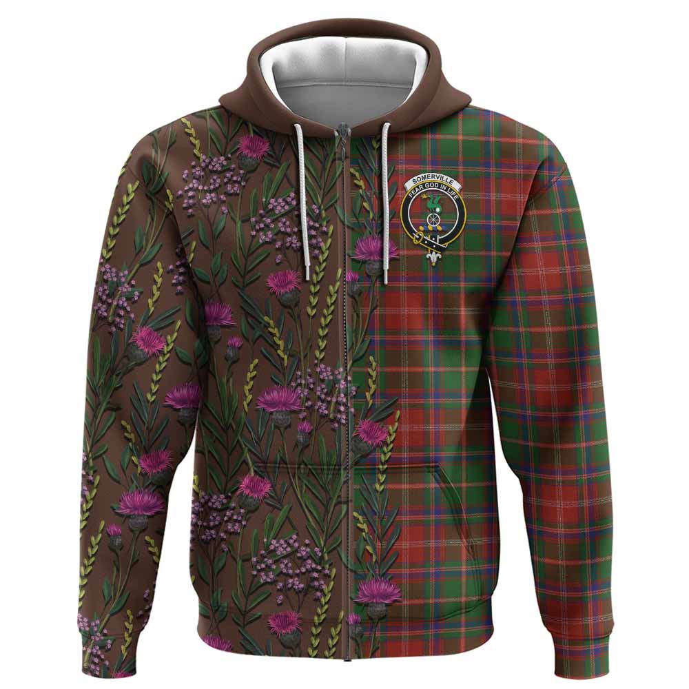 Somerville Family Crest Tartan Hoodie Scottish Thistle Flower Pattern Half Style - Tartan Vibes Clothing