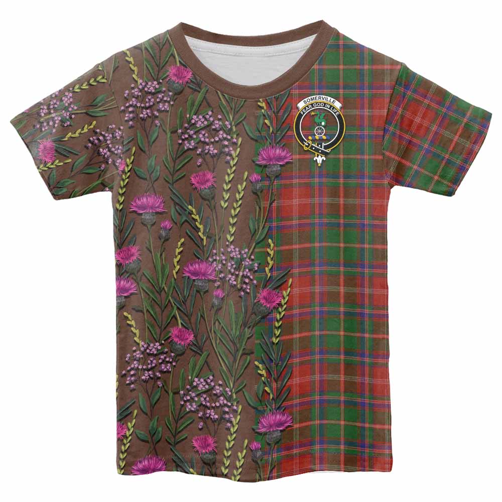 Somerville Family Crest Tartan Kid T-shirt Scottish Thistle Flower Pattern Half Style - Tartan Vibes Clothing