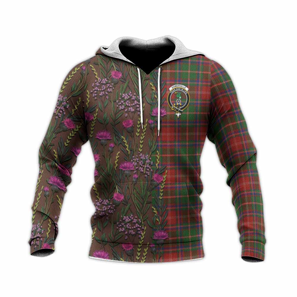 Somerville Family Crest Tartan Knitted Hoodie Scottish Thistle Flower Pattern Half Style - Tartan Vibes Clothing