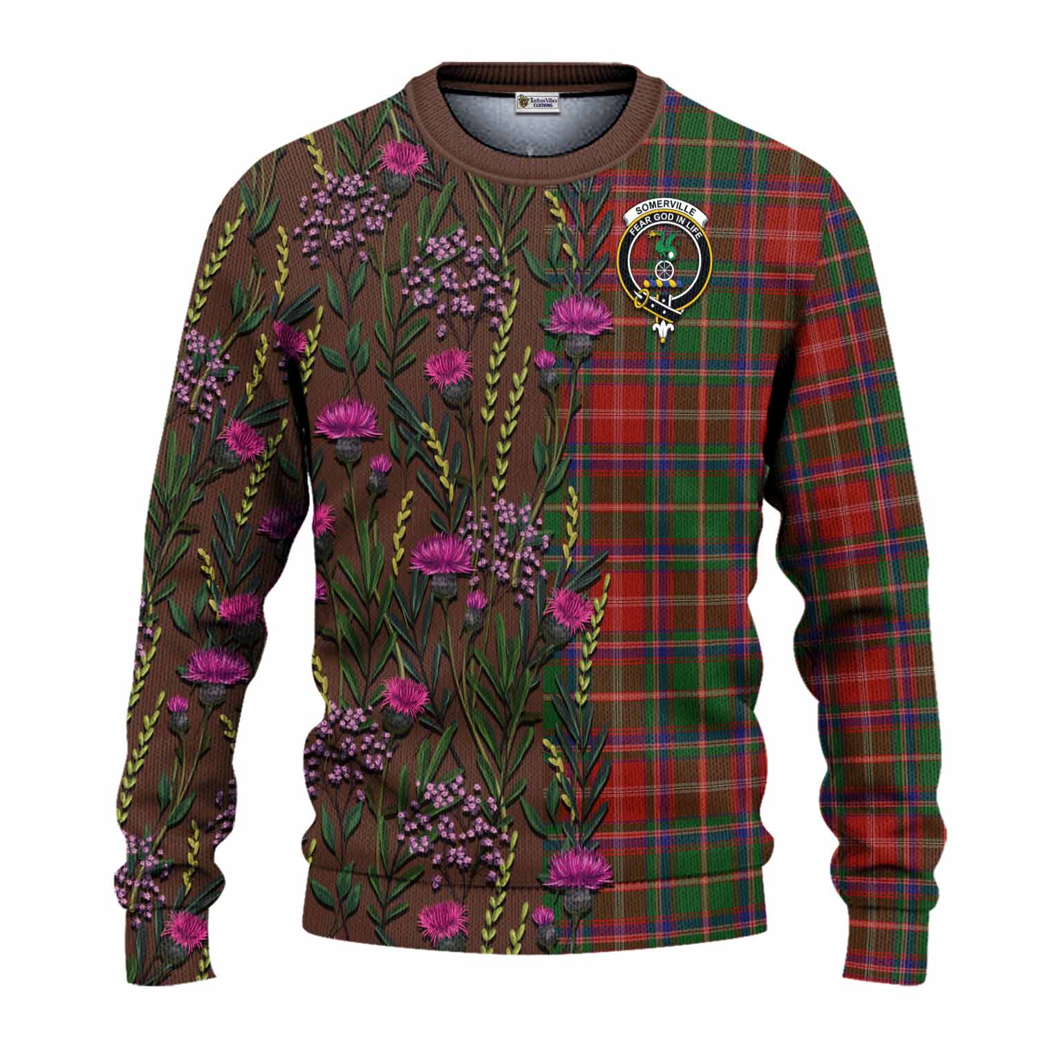 Somerville Family Crest Tartan Knitted Sweater Scottish Thistle Flower Pattern Half Style - Tartan Vibes Clothing