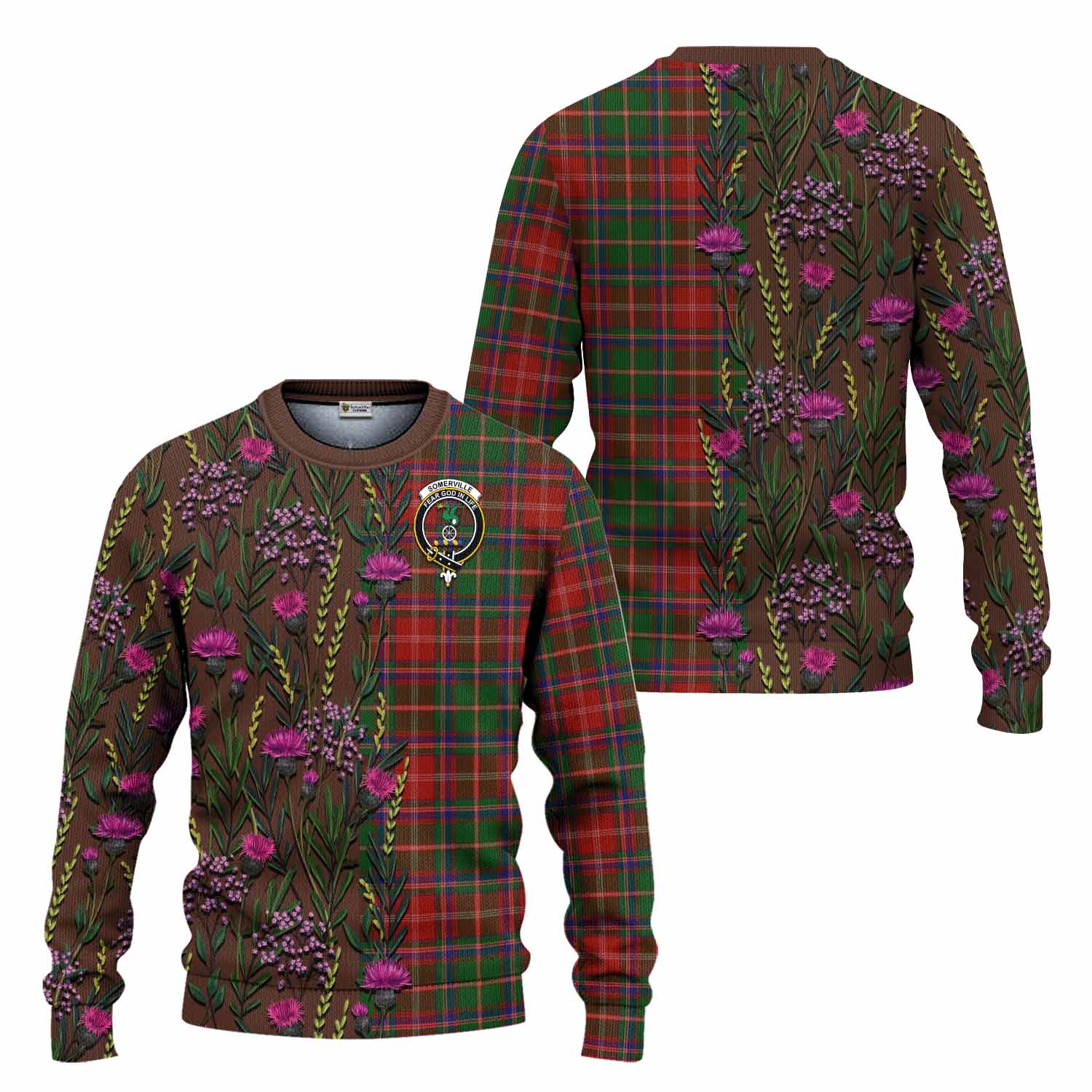 Somerville Family Crest Tartan Knitted Sweater Scottish Thistle Flower Pattern Half Style - Tartan Vibes Clothing
