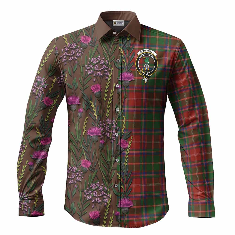 Somerville Family Crest Tartan Long Sleeve Button Shirts Scottish Thistle Flower Pattern Half Style - Tartan Vibes Clothing
