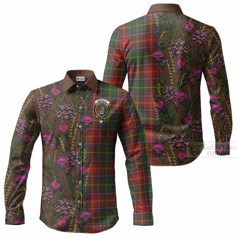 Somerville Family Crest Tartan Long Sleeve Button Shirts Scottish Thistle Flower Pattern Half Style - Tartan Vibes Clothing