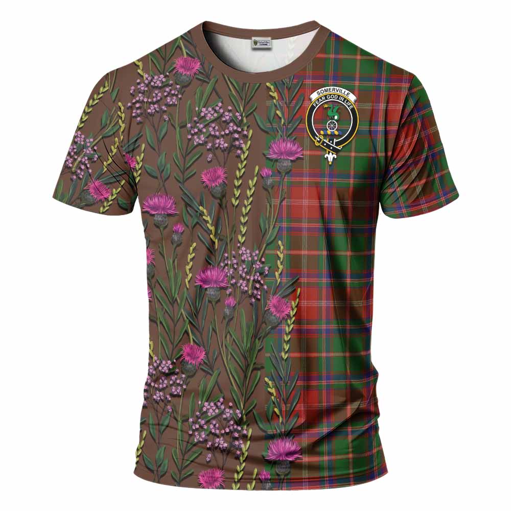 Somerville Family Crest Tartan T-Shirt Scottish Thistle Flower Pattern Half Style - Tartan Vibes Clothing