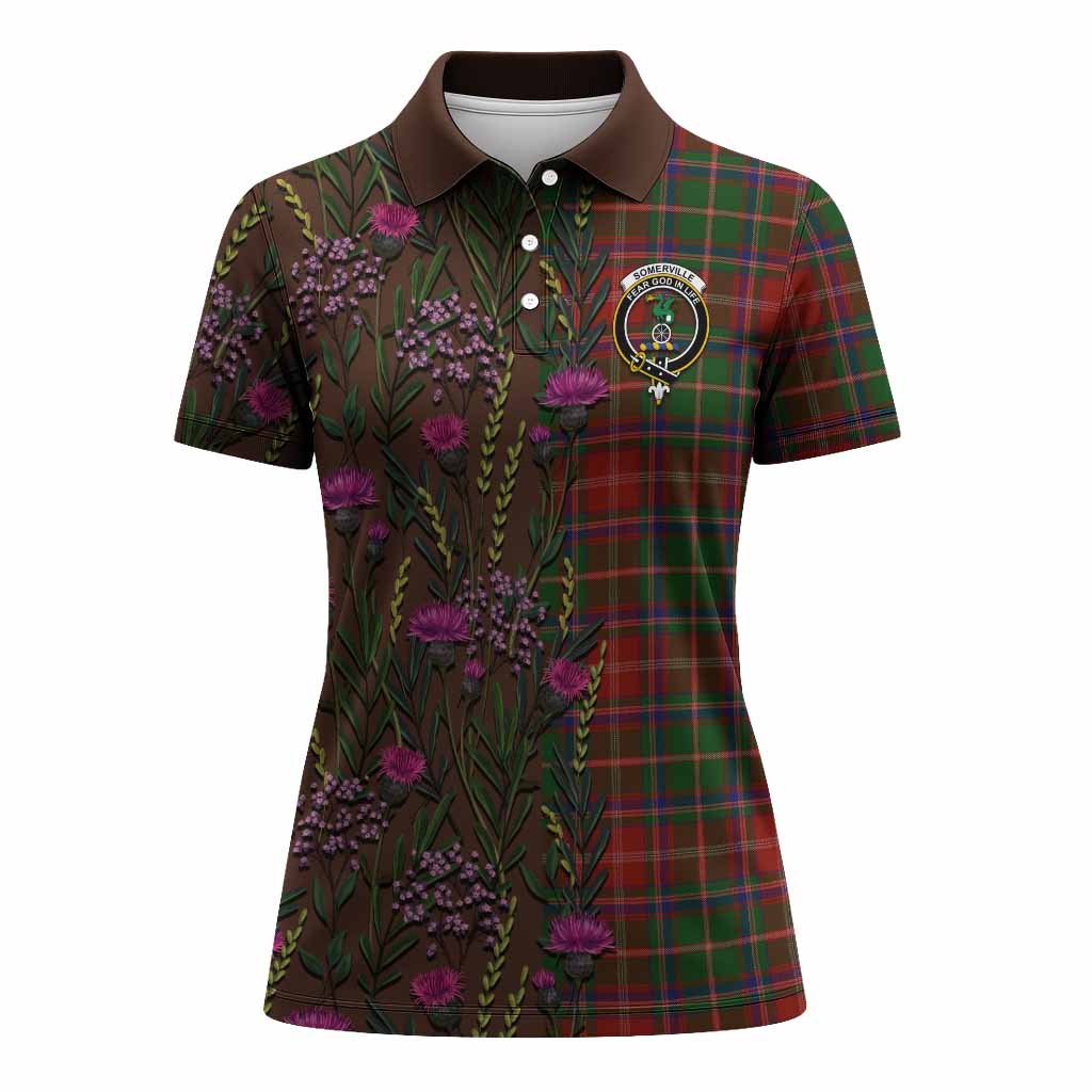 Somerville Family Crest Tartan Women Polo Shirt Scottish Thistle Flower Pattern Half Style - Tartan Vibes Clothing