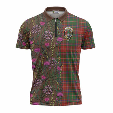 Somerville Family Crest Tartan Zipper Polo Shirt Scottish Thistle Flower Pattern Half Style