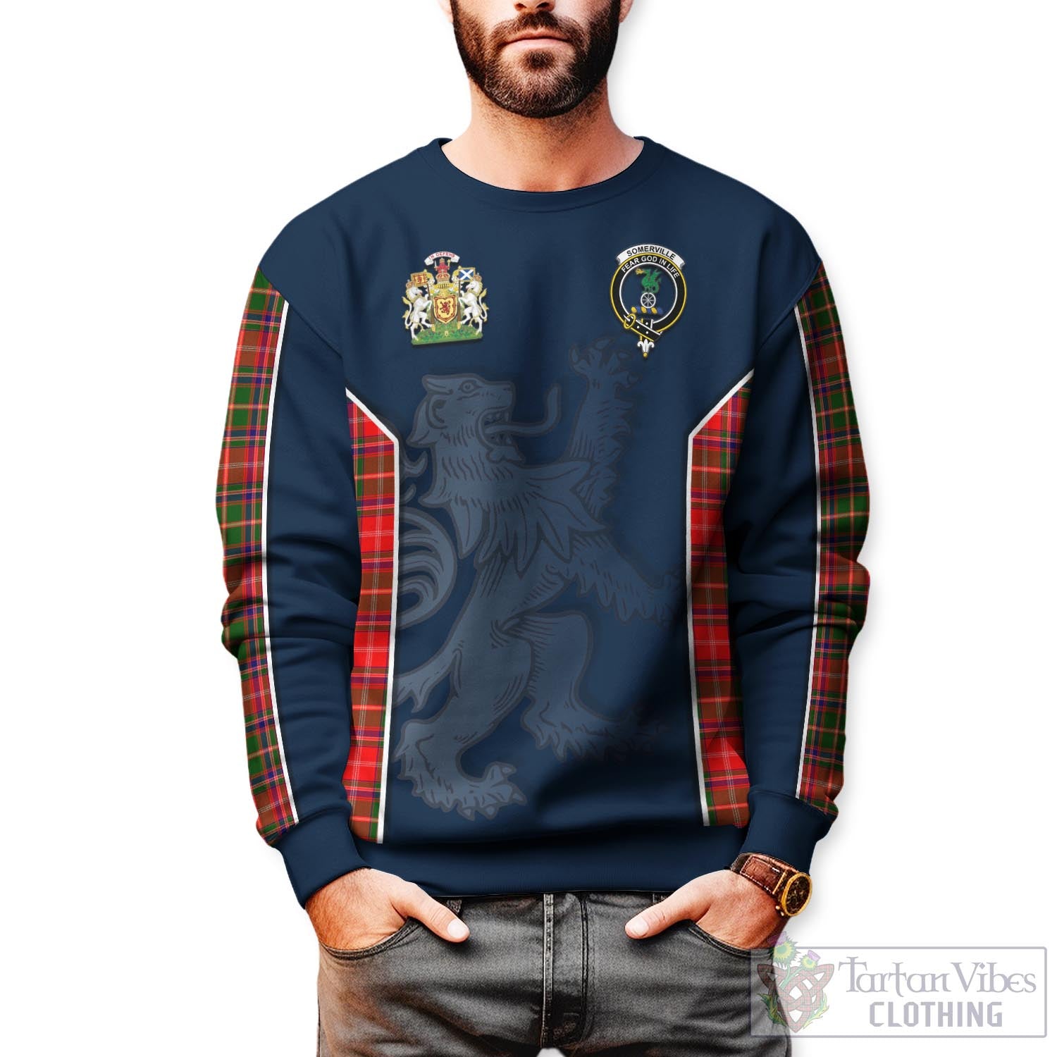 Tartan Vibes Clothing Somerville Modern Tartan Sweater with Family Crest and Lion Rampant Vibes Sport Style