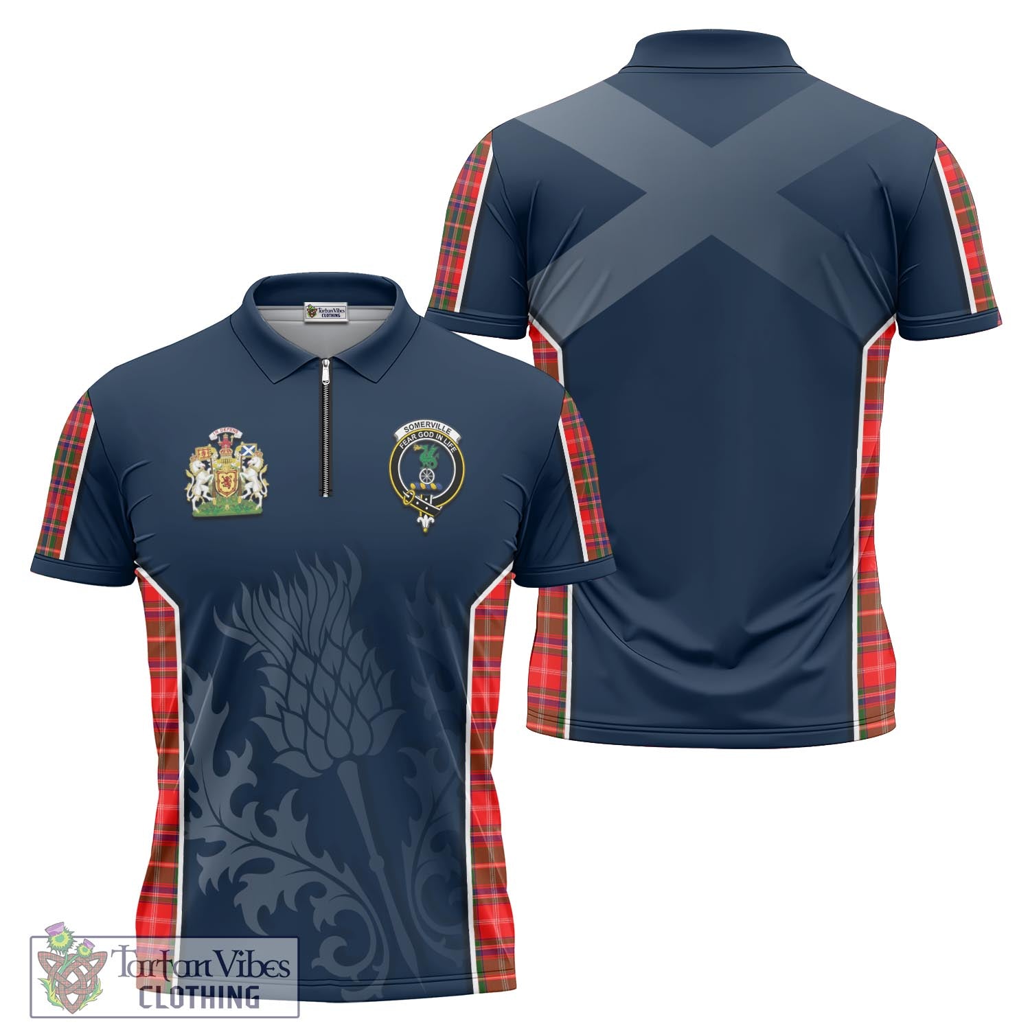 Tartan Vibes Clothing Somerville Modern Tartan Zipper Polo Shirt with Family Crest and Scottish Thistle Vibes Sport Style
