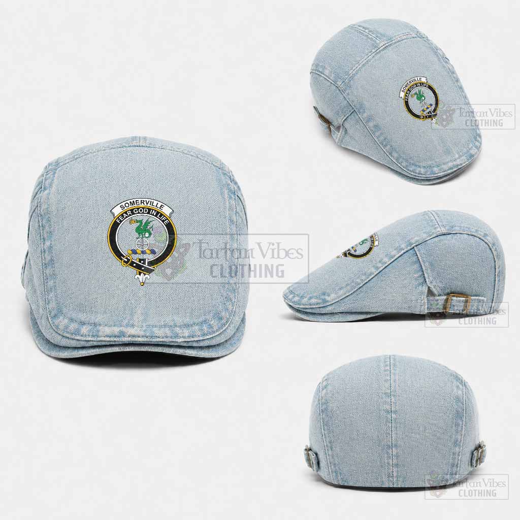 Somerville Scottish Clan Crest Washed Flat Cap - Unisex Jeff Cap One Size (Adjustable) Light Blue - Tartan Vibes Clothing