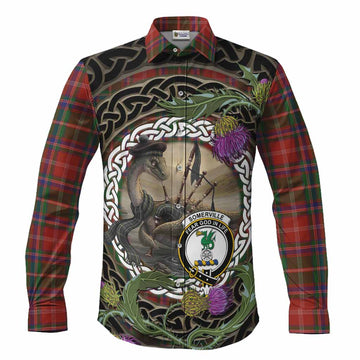 Somerville Tartan Crest Bagpipe Nessie Long Sleeve Button Shirts Scottish Loch Ness Monster Celtic Thistle