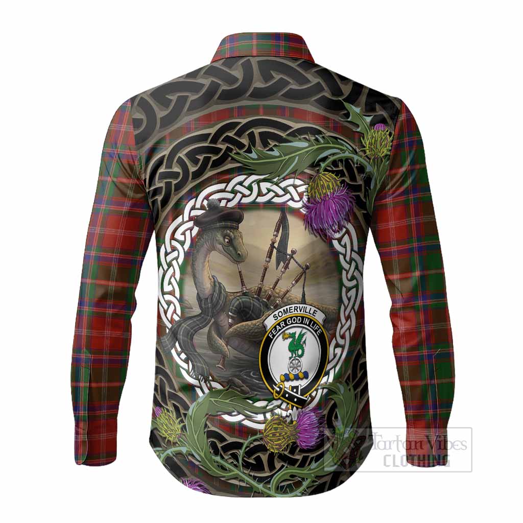 Somerville Tartan Crest Bagpipe Nessie Long Sleeve Button Shirts Scottish Loch Ness Monster Celtic Thistle