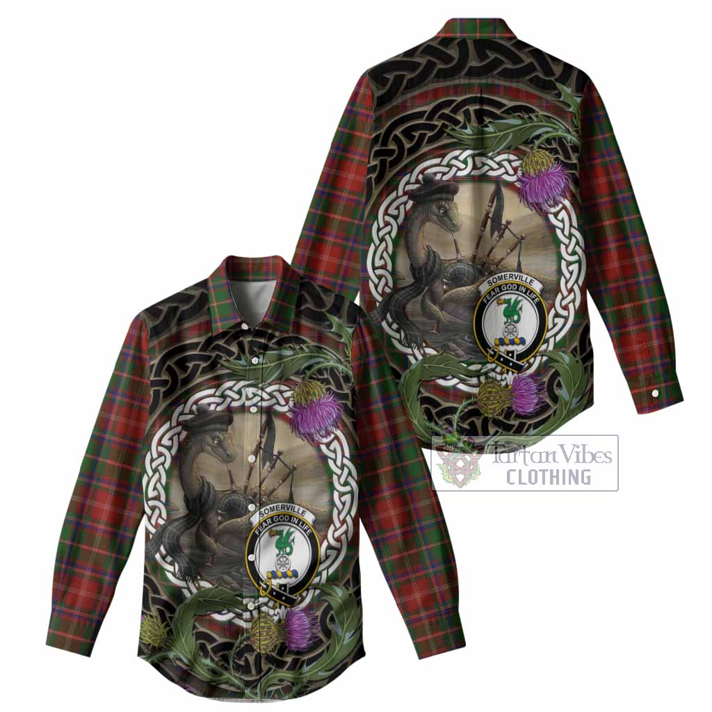 Somerville Tartan Crest Bagpipe Nessie Women Casual Shirt Scottish Loch Ness Monster Celtic Thistle