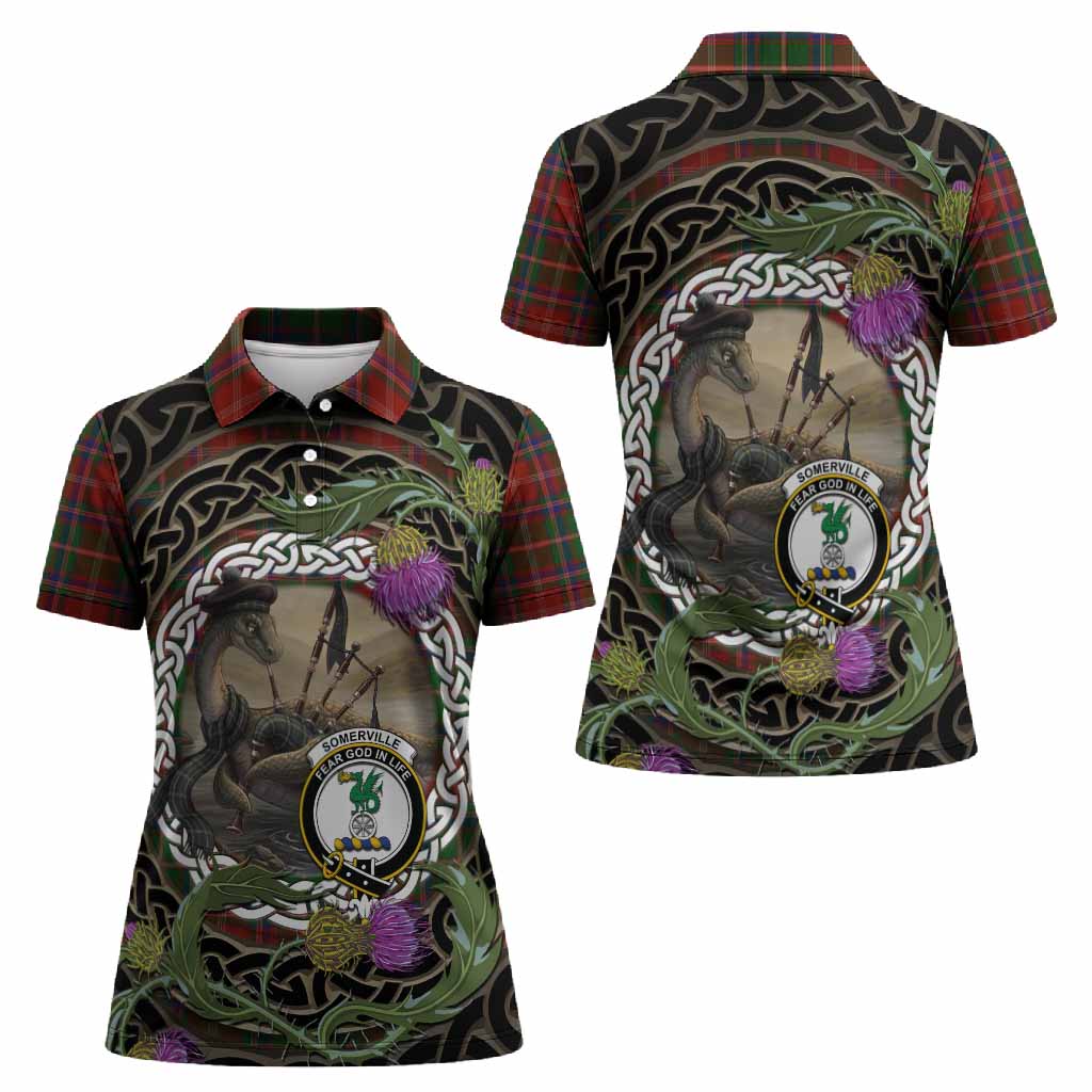 Somerville Tartan Crest Bagpipe Nessie Women Polo Shirt Scottish Loch Ness Monster Celtic Thistle