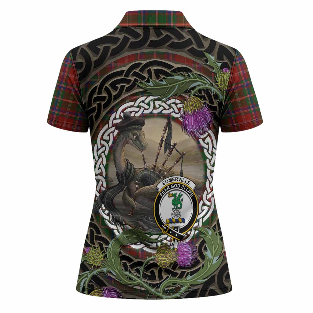 Somerville Tartan Crest Bagpipe Nessie Women Polo Shirt Scottish Loch Ness Monster Celtic Thistle